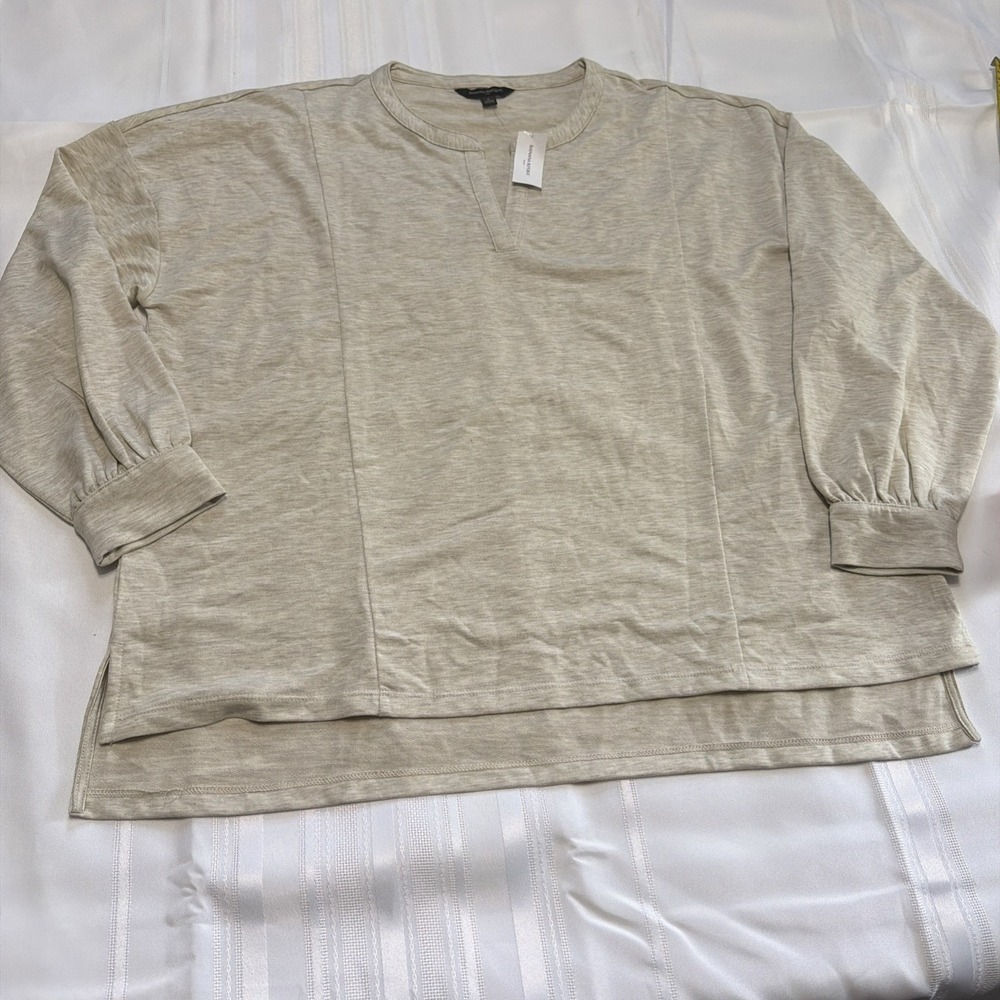 Banana Republic Oatmeal Heather Split Neck Long Sleeve Top Large 713750-00